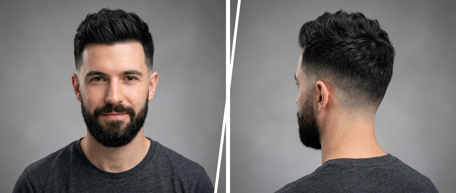 Homem com corte textured top, mid drop fade e barba cheia, com estilo bagunçado em cabelo liso fino.