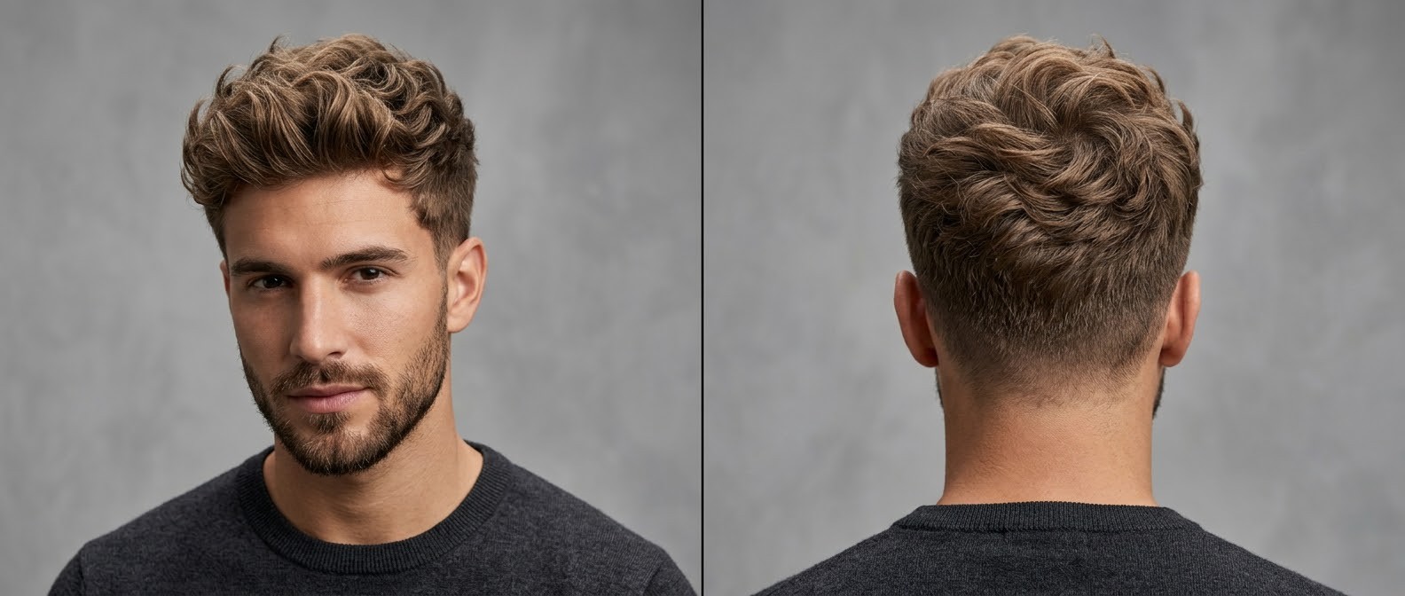Hombre joven con corte textured top ondulado, laterales degradados y barba corta arreglada, vista frontal y trasera.