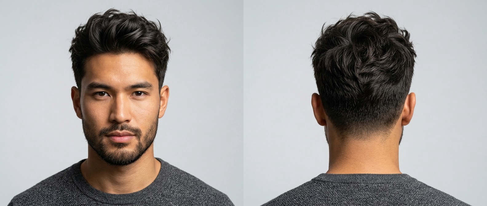 Vue de face et de dos d'un jeune homme asiatique avec coupe textured top, côtés courts en taper et volume texturé balayé vers l'arrière.