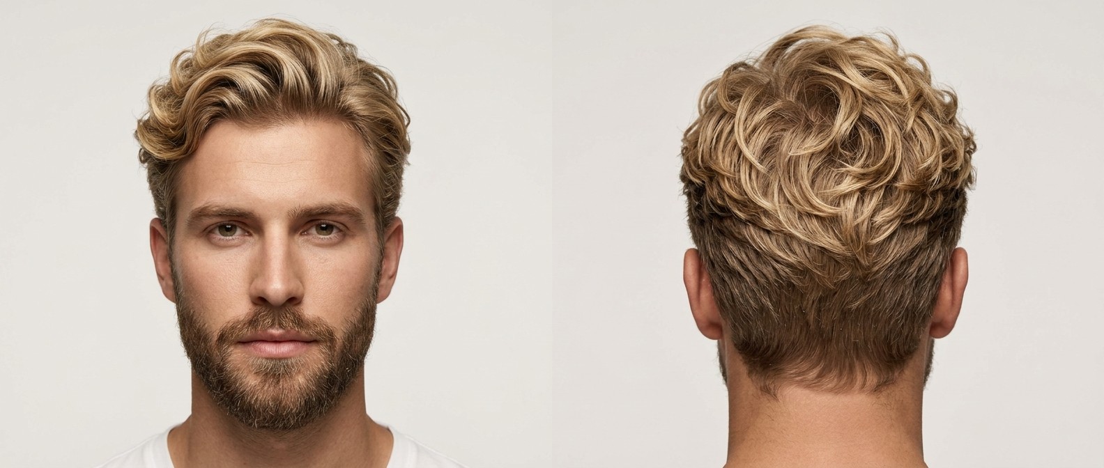 Widok z przodu i z tyłu blondyna z brodą, prezentującego falowaną fryzurę z zaczesaną do tyłu objętością i delikatnym cieniowaniem.