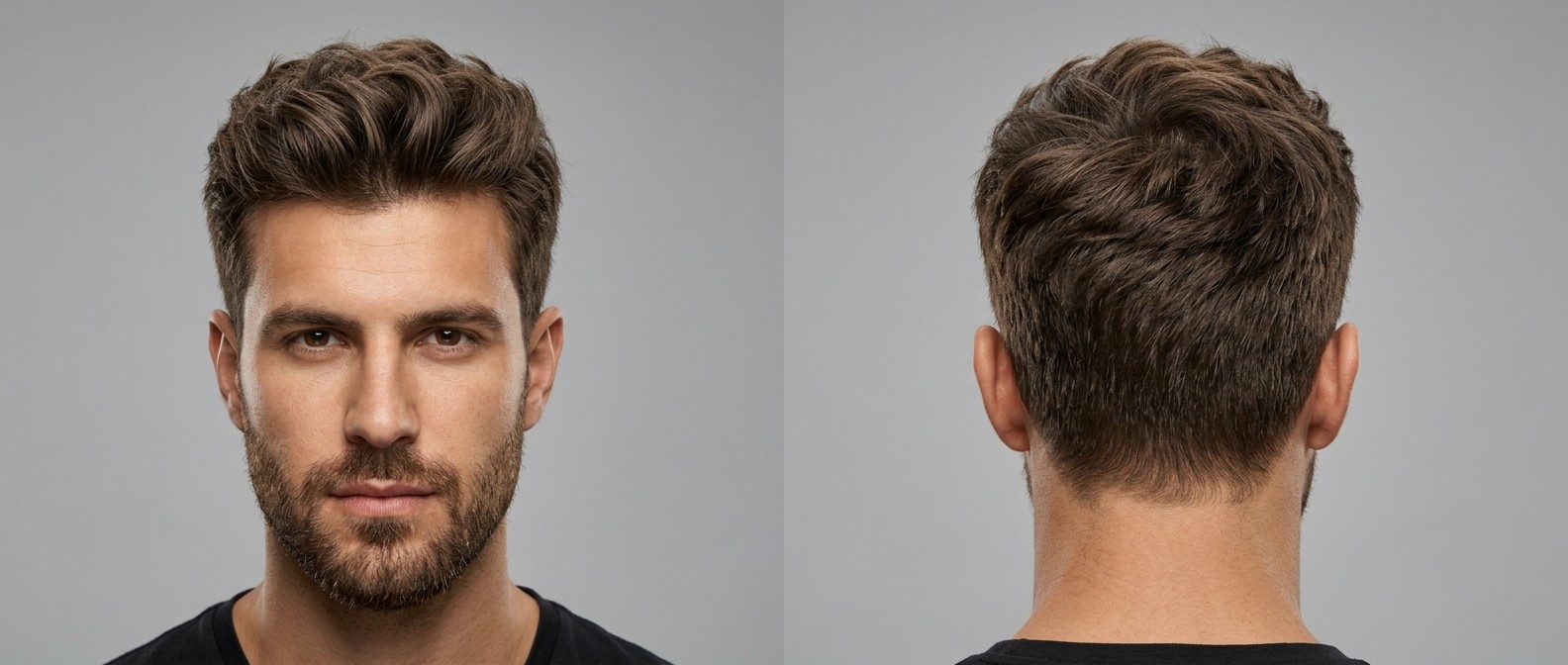 Widok z przodu i z tyłu na mężczyznę z krótką brodą w nowoczesnej fryzurze textured top z zaczesanymi do tyłu włosami.
