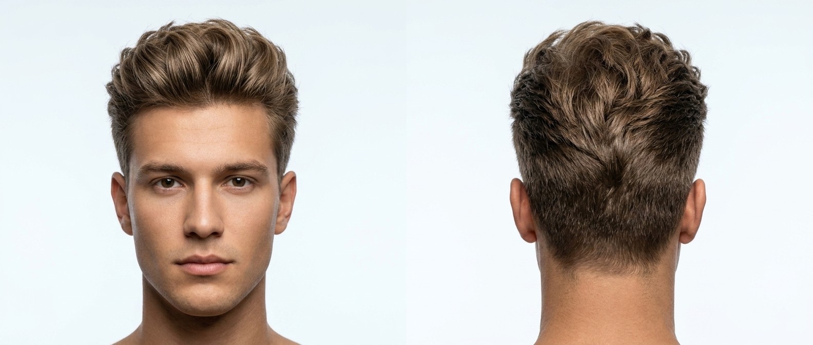 Vista frontal y trasera de un joven con corte texturizado de gran volumen, laterales degradados y cabello castaño claro.