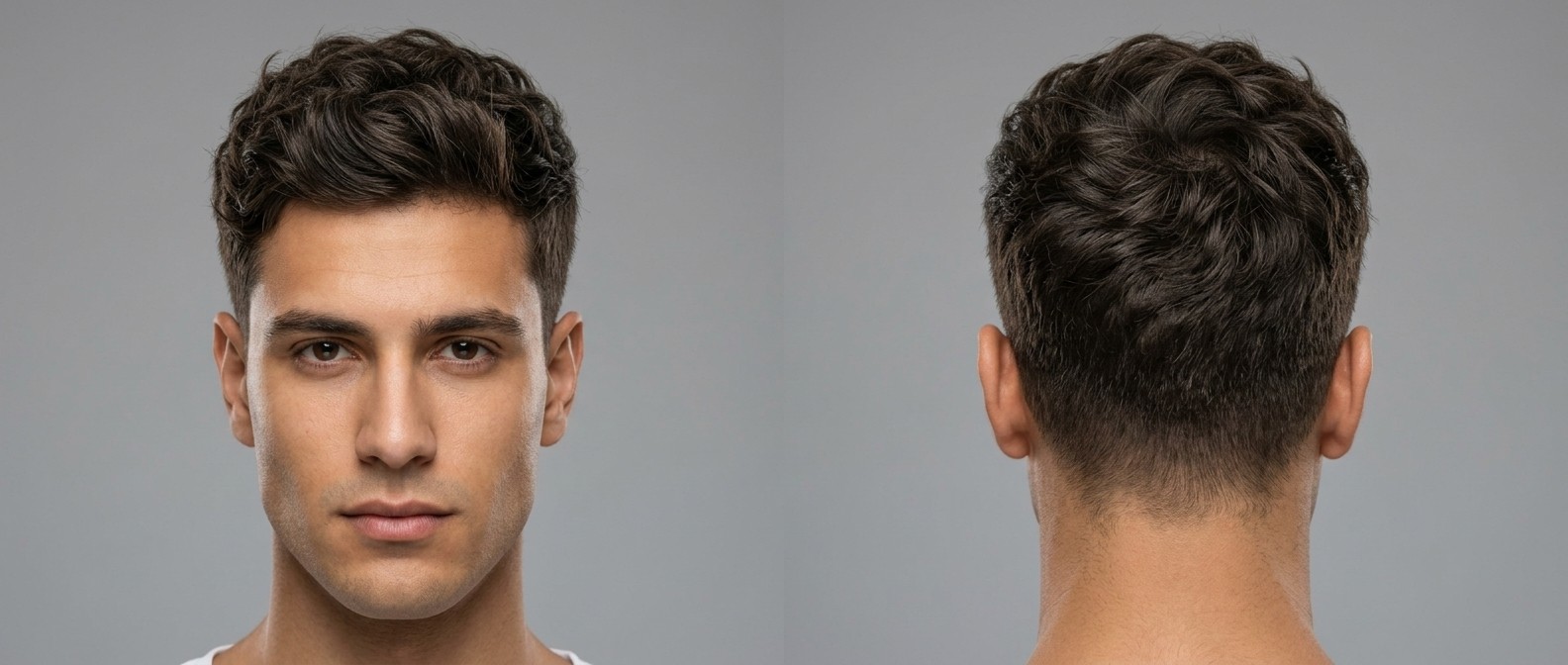 Vista frontal y trasera de un joven con corte texturizado ondulado, laterales degradados y acabado mate natural.