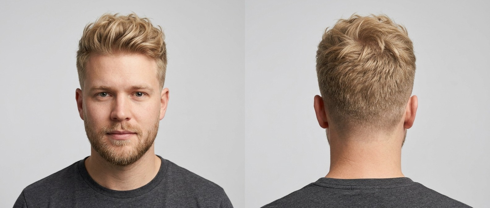 Widok z przodu i z tyłu blondyna z krótką brodą w fryzurze textured top z cieniowanymi bokami i uniesioną grzywką.