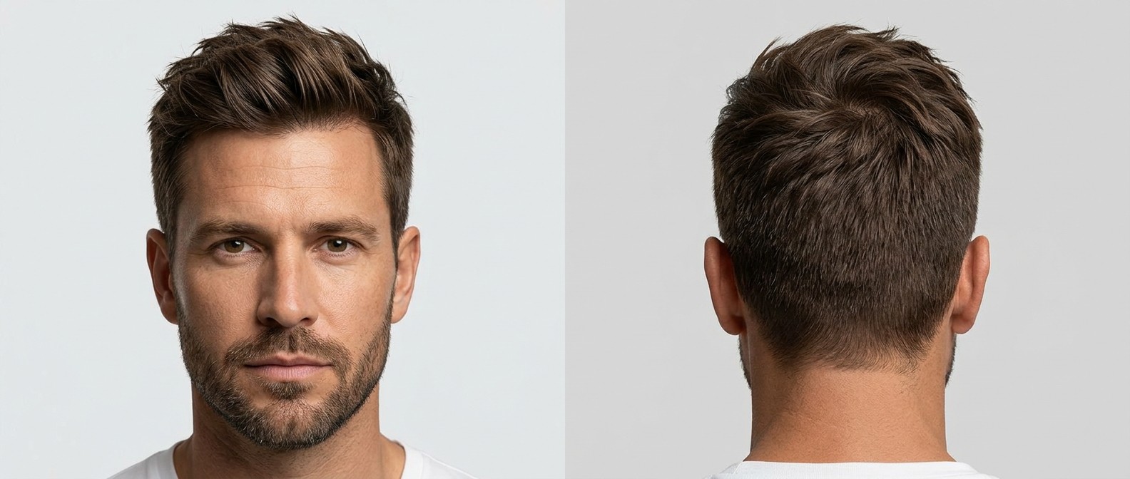 Vorder- und Rückansicht eines 40-jährigen Mannes mit kurzem, texturiertem Haarschnitt, aufwärts gestyltem Pony, Tapered Sides und kurzem braunen Bart.