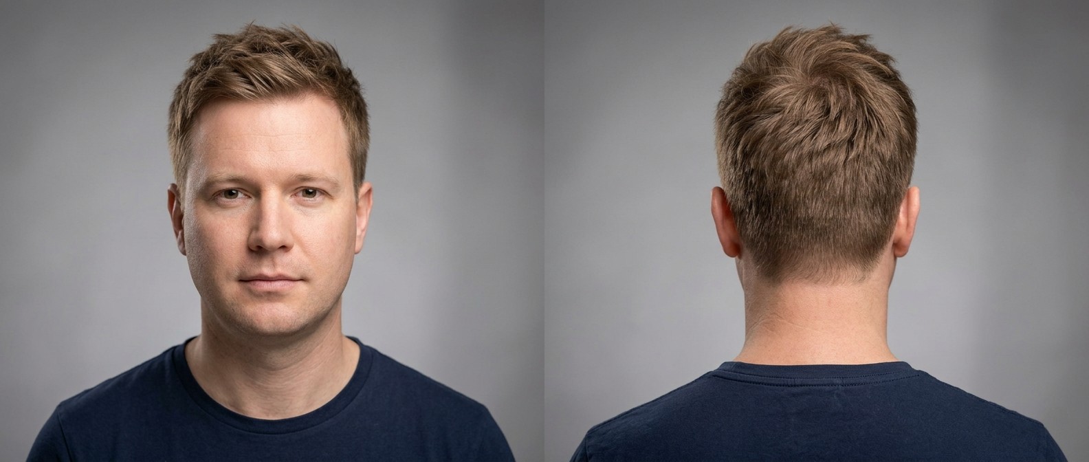 Front and back view of a 40-year-old Caucasian man with a textured top hairstyle, featuring short tapered sides and medium piecey light brown hair.
