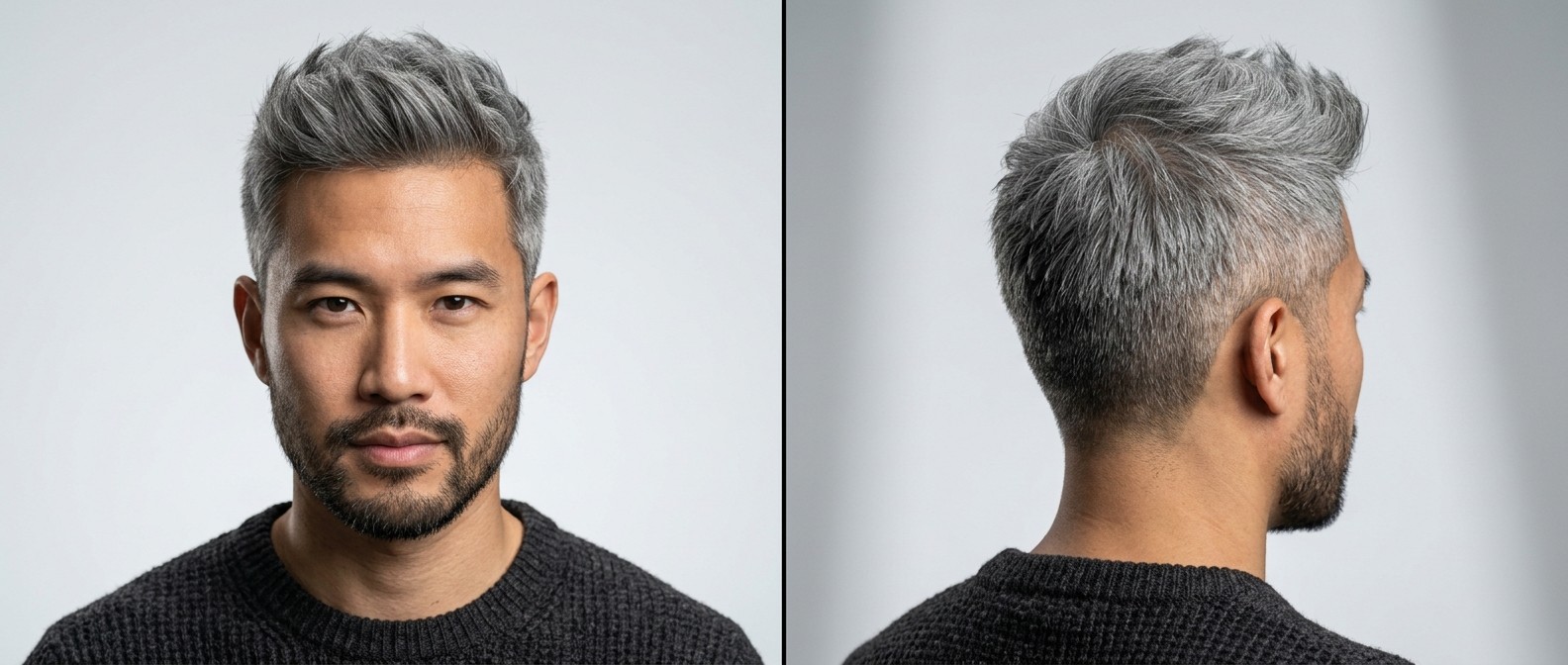Asian man with silver gray hair modeling a textured top haircut with short faded sides and a short dark beard, shown from front and back angles.