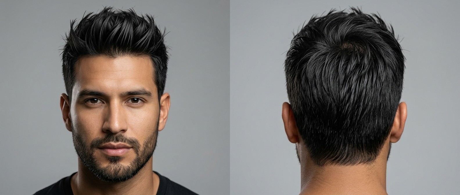 Widok z przodu i z tyłu na mężczyznę z krótką, teksturowaną fryzurą z uniesionymi kolcami, wycieniowanymi bokami i krótkim zarostem.