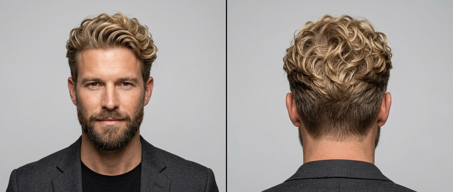 Front and back view of a man with a wavy textured top hairstyle, blonde hair, tapered sides, and a well-groomed beard.