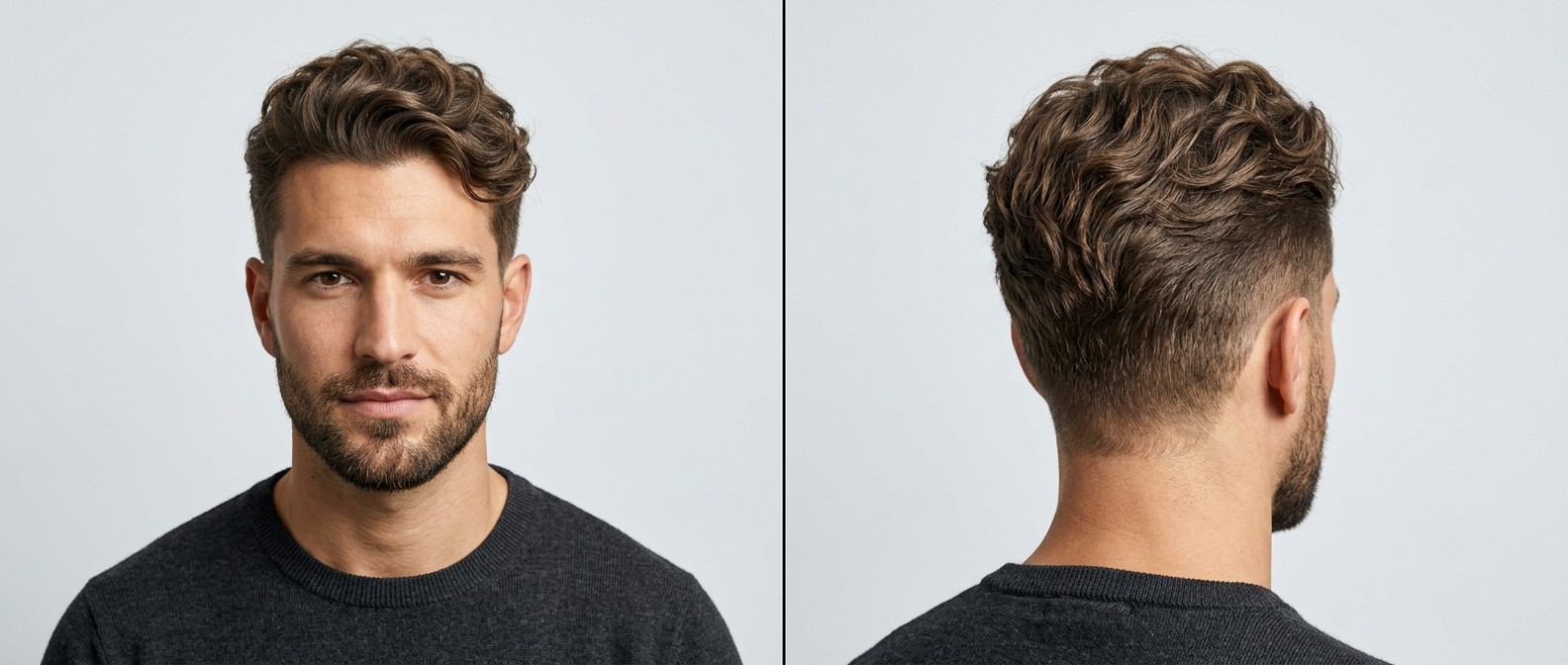 Front and back view of a man with olive skin and a short beard wearing a wavy textured top haircut with a low taper fade on fine brown hair.