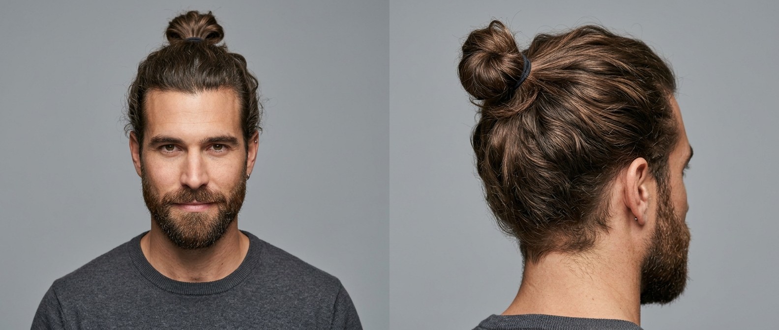 Profil de face et de côté d'un homme de 35-45 ans barbu portant un top knot ondulé et épais, attaché naturellement au sommet du crâne.