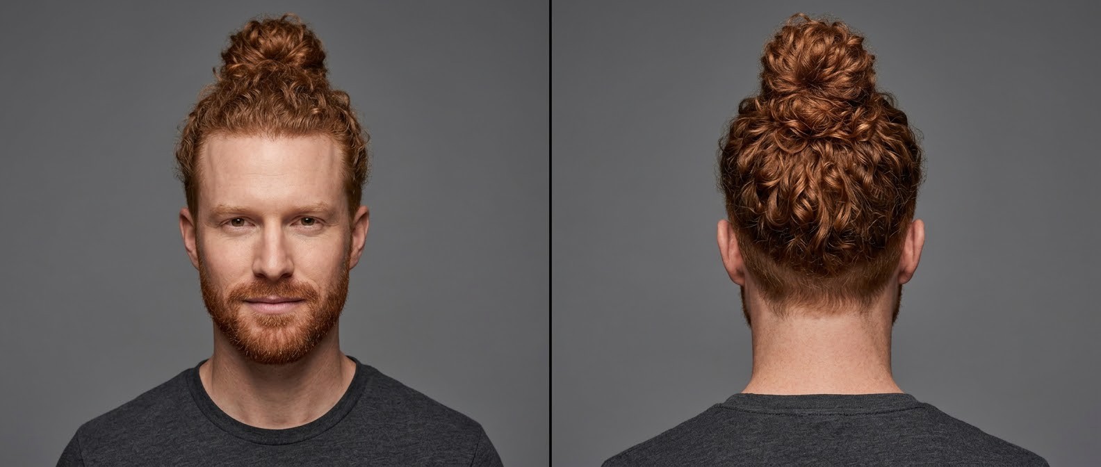 Vorder- und Rückansicht eines Mannes mit kupferrotem Curly Top Knot, ausrasiertem Undercut, Widow's Peak und gepflegtem kurzen Bart.