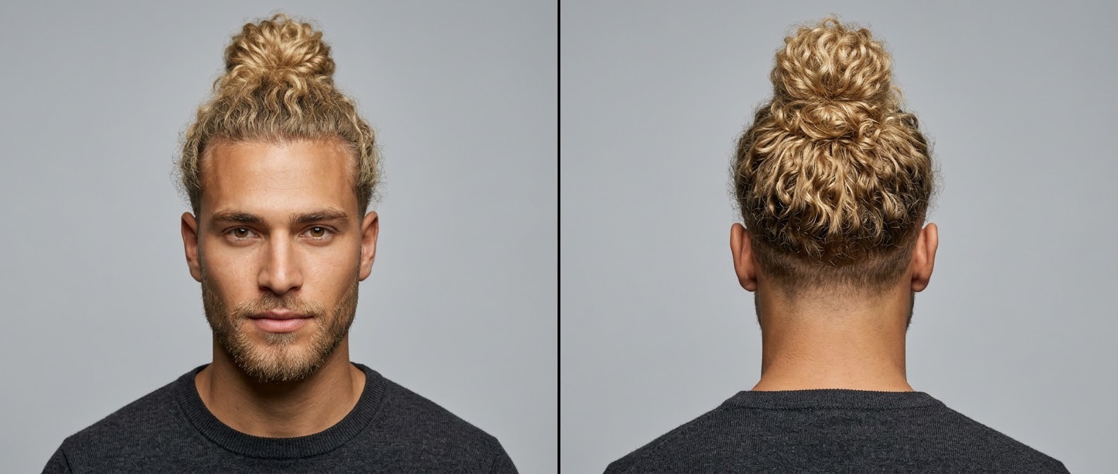 Vista frontal y trasera de hombre joven con piel oliva, barba corta y top knot rubio rizado con rapado lateral a 0 mm.