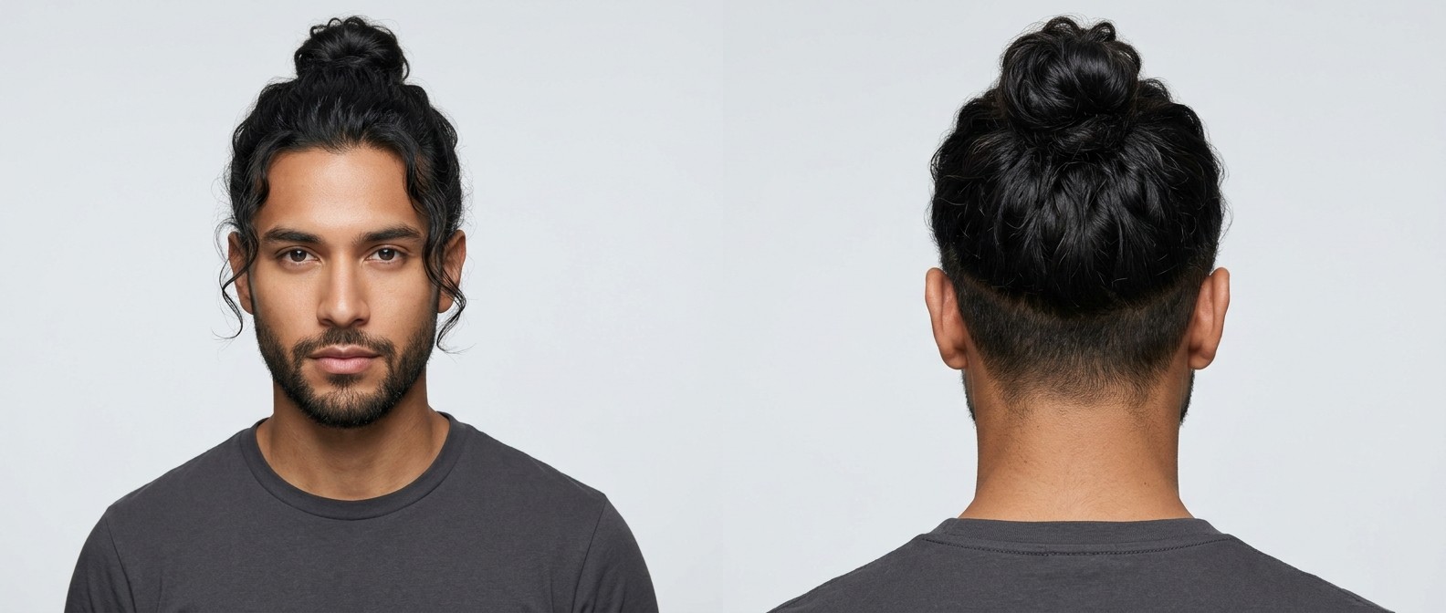 Latynos z owalną twarzą prezentujący wavy top knot z wysokim undercutem, luźnymi pasmami przy twarzy i krótką brodą. Widok z przodu i z tyłu.