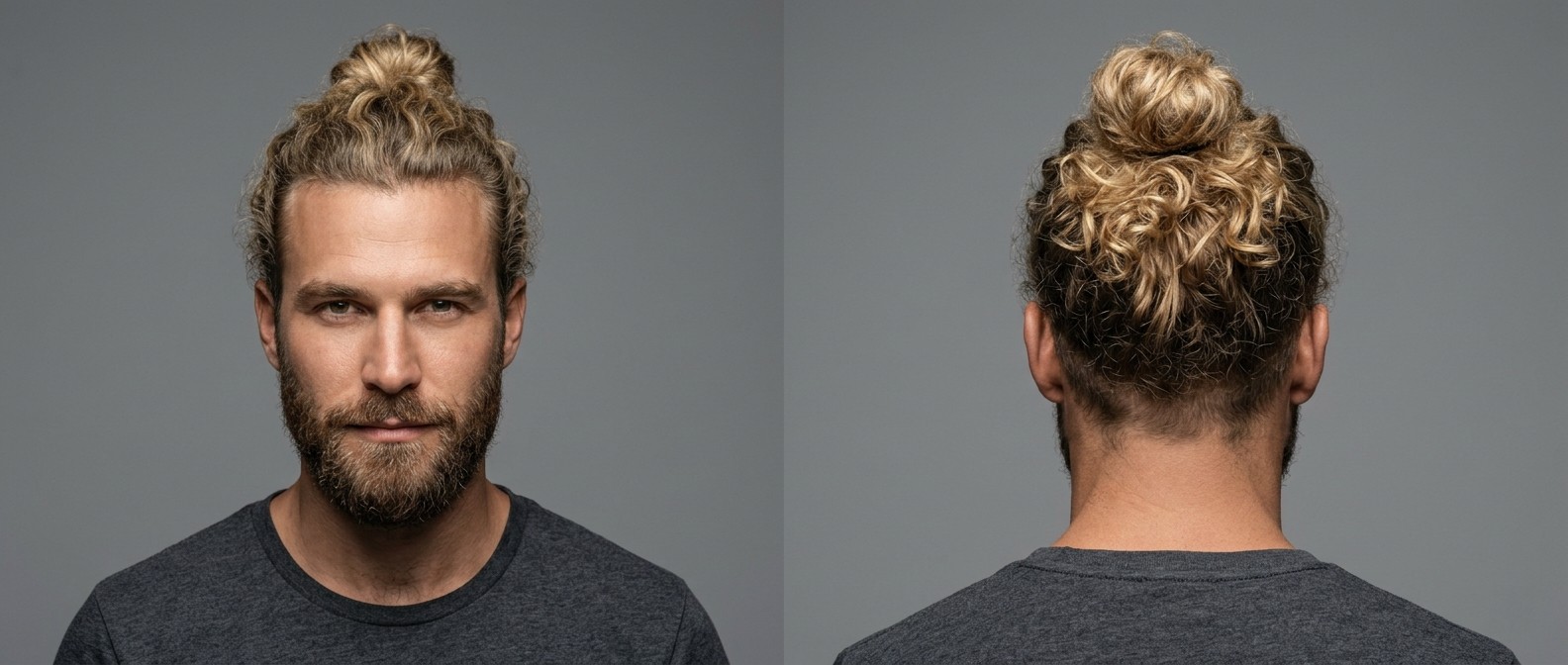 Widok z przodu i z tyłu na mężczyznę z gęstymi, kręconymi blond włosami upiętymi w wysoki kok, z pełną brodą.