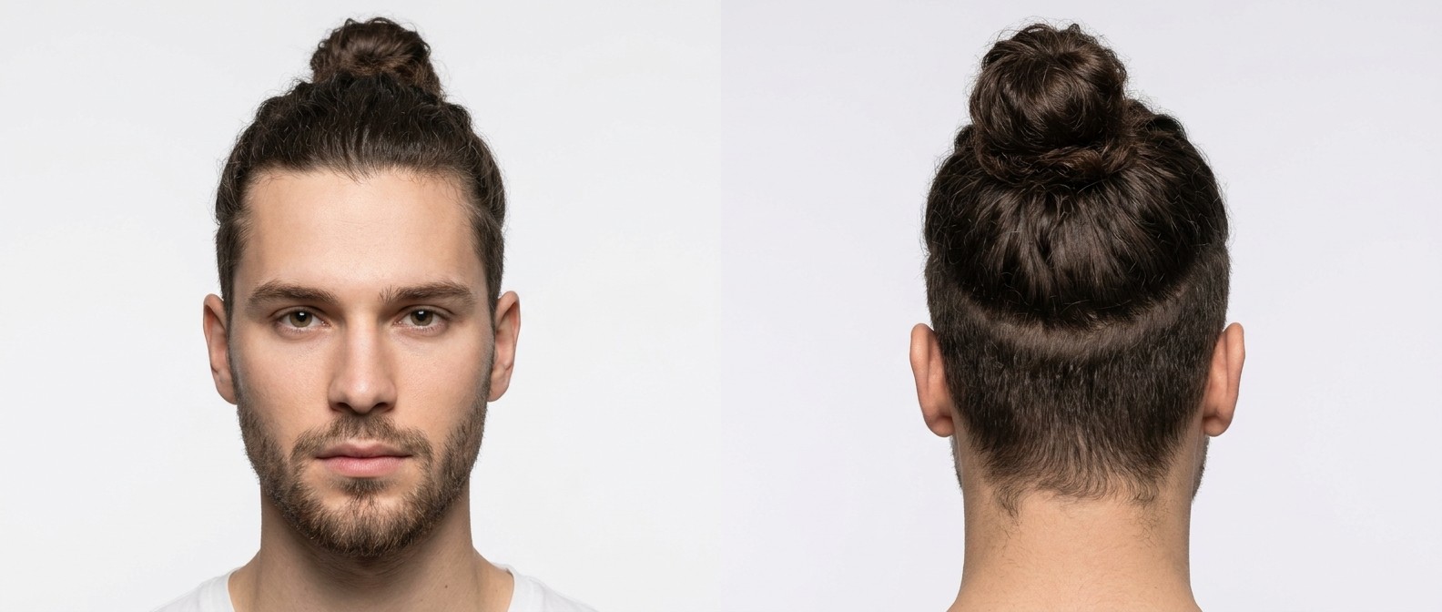 Mężczyzna z krótką brodą i fryzurą disconnected undercut z koczkiem z kręconych włosów.