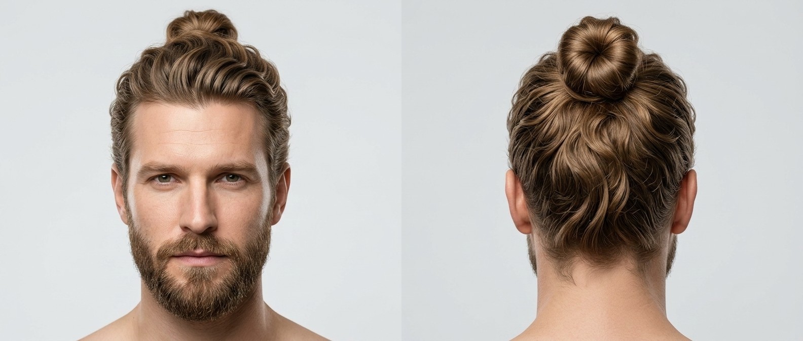 Vorder- und Rückansicht eines Mannes mit Vollbart und einem welligen, hellbraunen Top Knot.