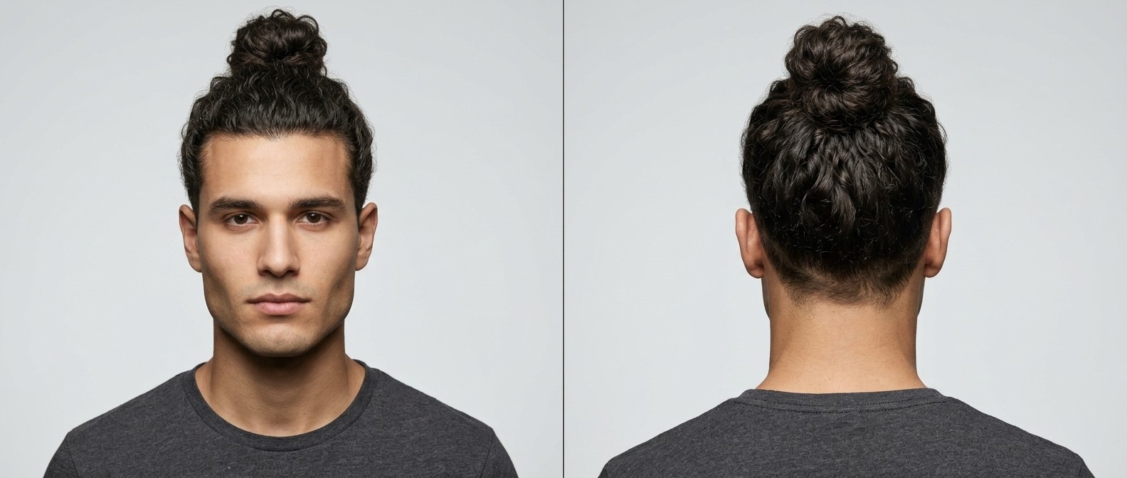 Vista frontal e lateral de um homem com top knot cacheado, undercut curto, cabelo castanho escuro e entrada em bico natural.
