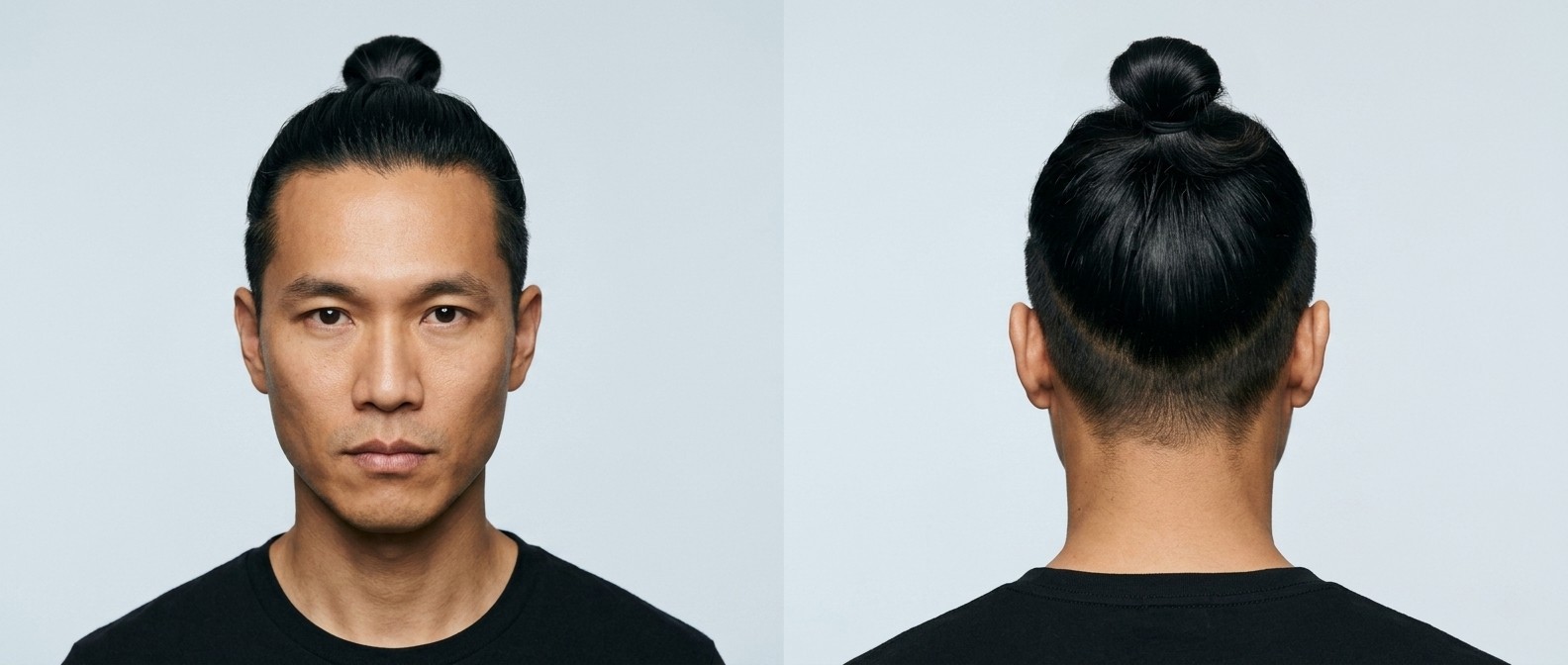 Asiatischer Mann (35-45 J.) mit elegantem Top Knot und hohem, disconnected Undercut. Ansicht von vorne und hinten.