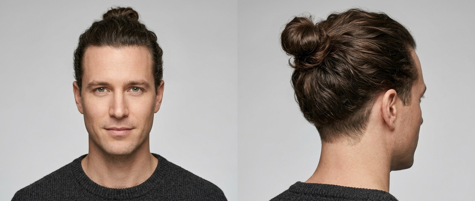 Mann mit dunkelbraunem Wavy Top Knot und rasiertem Undercut, Ansicht von vorne und hinten.