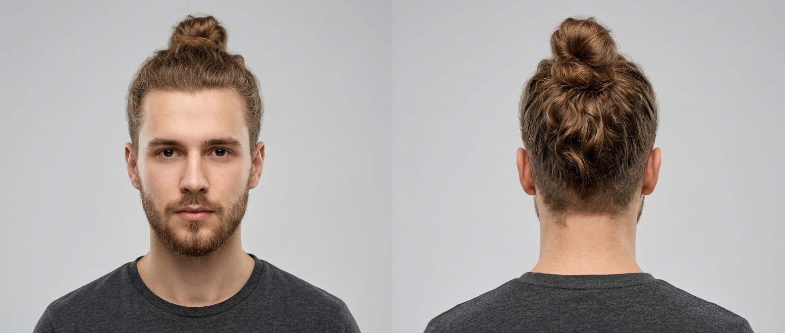 Young Caucasian man with a light brown wavy top knot hairstyle and short beard, showing front and back views with natural texture and a widow's peak.