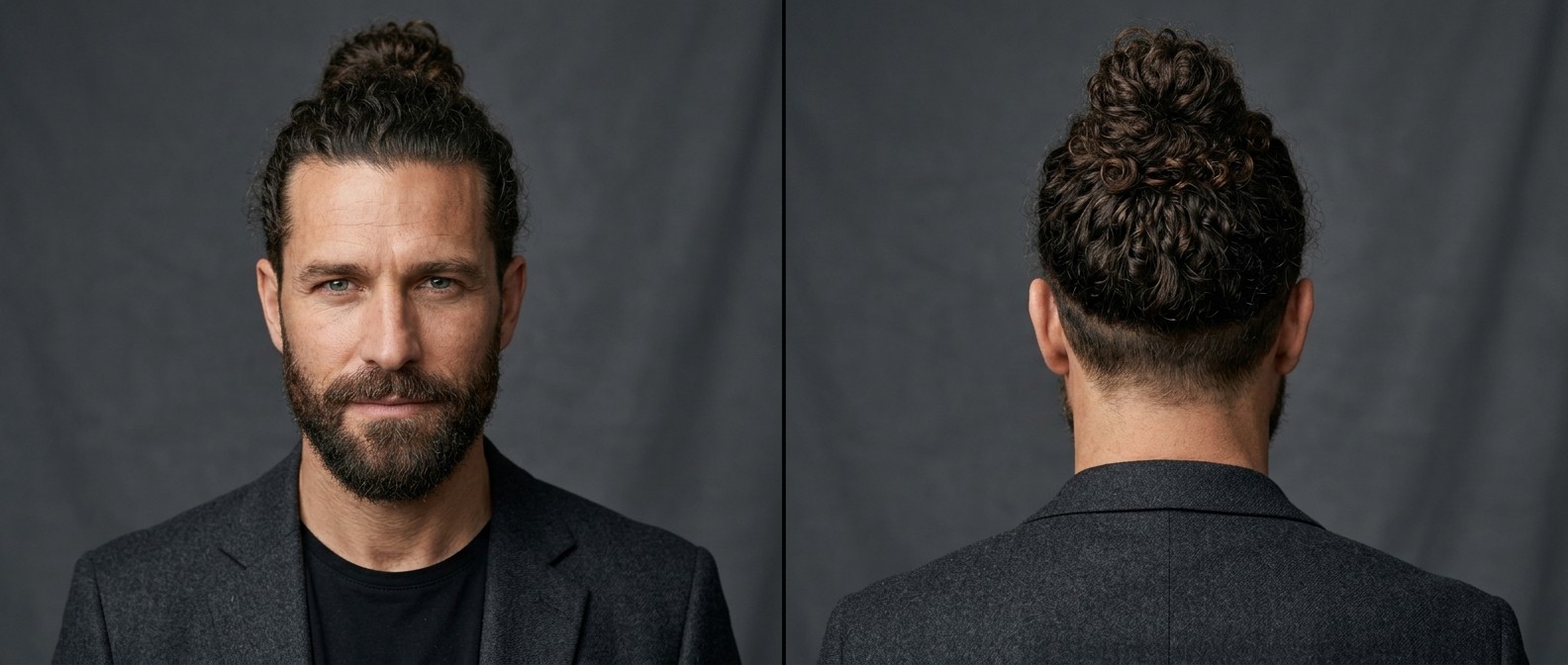 A mature man with a structured beard sporting a curly top knot and a sharp undercut, showcasing natural dark brown curls gathered high at the crown.