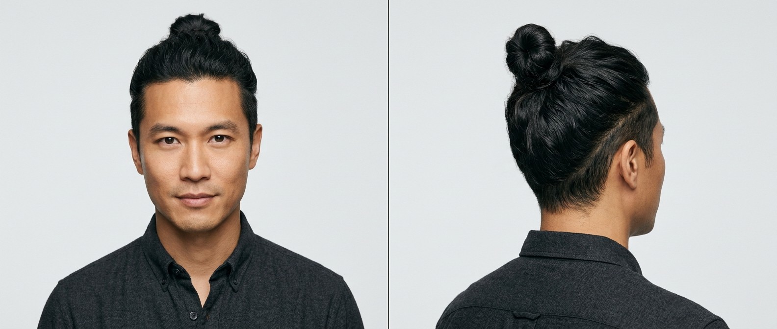 Azjatycki mężczyzna po 30-tce z owalną twarzą i widocznym szpicem włosów (widow's peak), prezentujący fryzurę disconnected top knot z wygolonymi bokami.