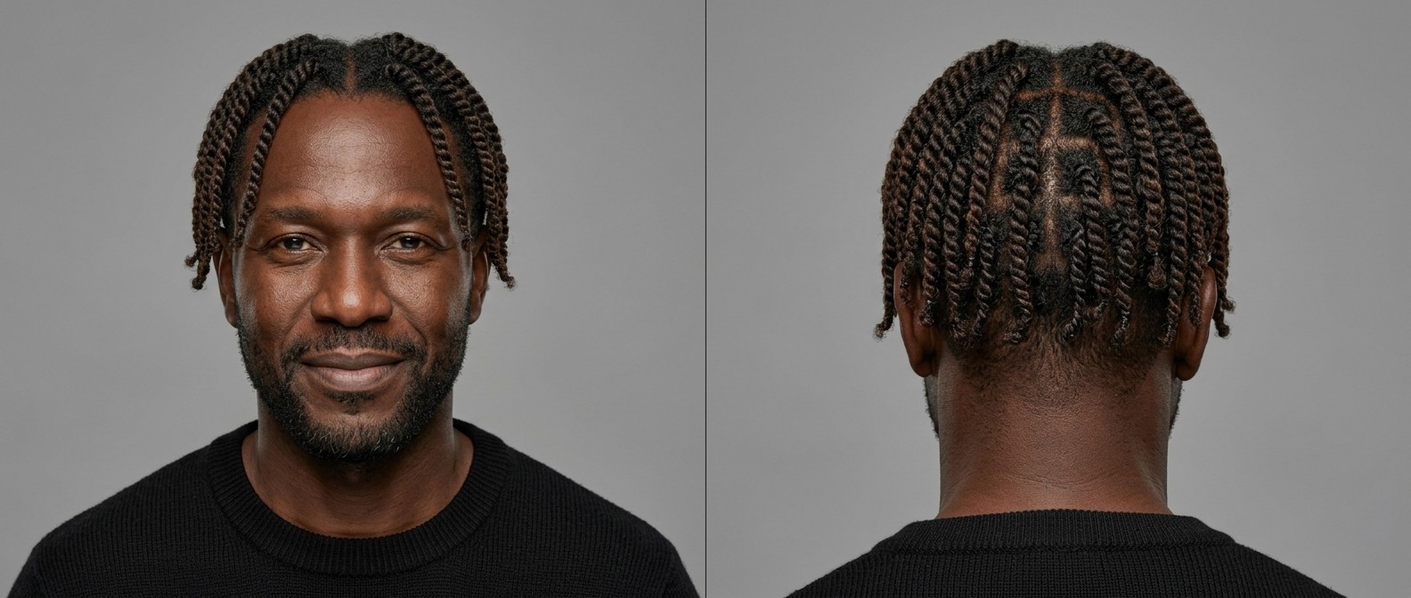 Dojrzały czarnoskóry mężczyzna z krótką brodą, prezentujący fryzurę typu two-strand box twists z przedziałkiem na środku, widok z przodu i z tyłu na szarym tle.