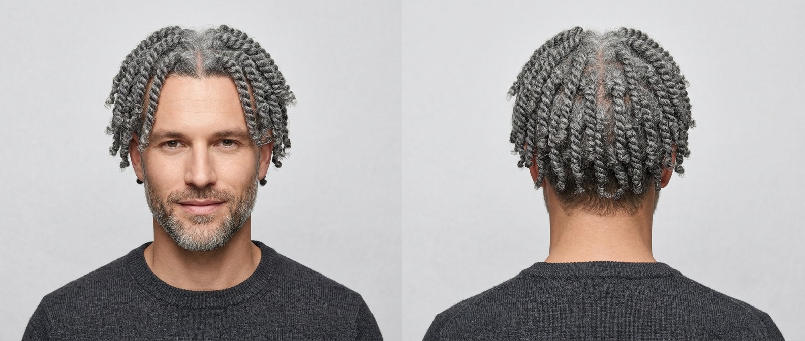 Front and back view of a Caucasian man with a short gray beard wearing thick, silver-gray two-strand twists with a sharp center part.