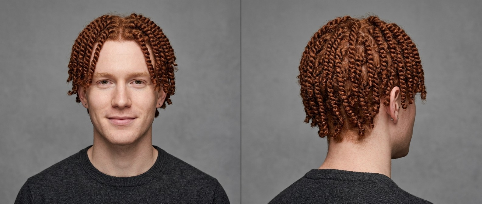 Homem caucasiano jovem com cabelo cacheado vermelho denso estilizado em two-strand twists de comprimento médio com divisão central.