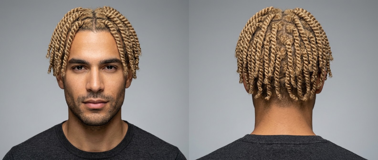 Front and back view of a man with olive skin and stubble wearing medium-length blonde two-strand twists with a sharp middle part.