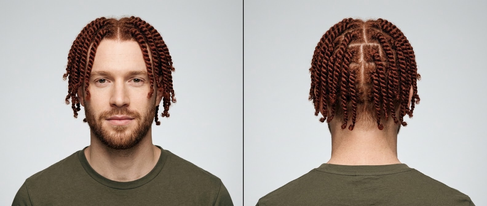 Vista frontal y posterior de un hombre con barba corta y two-strand rope twists en rojo vibrante, con raya al medio y particiones cuadradas.