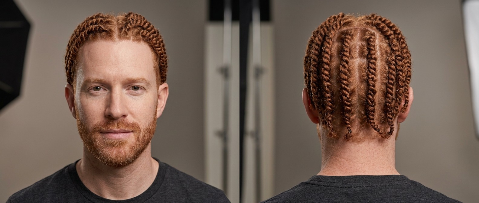 Mężczyzna 45+ z krótką brodą i miedzianymi skrętami typu two-strand twists z precyzyjnymi przedziałkami.