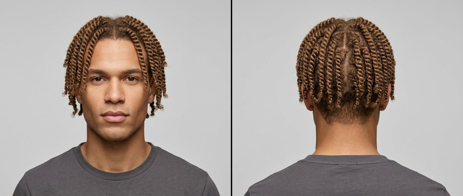 Młody mężczyzna z jasnobrązowymi włosami typu 4 ułożonymi w średniej długości two-strand twists z przedziałkiem, widok z przodu i z tyłu.