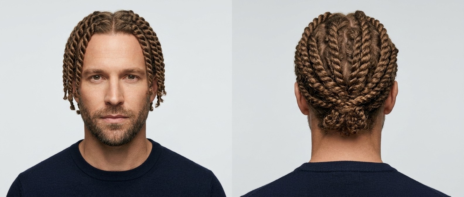 Mann (35-45) mit hellbraunen Two-Strand Rope Twists, Mittelscheitel, tiefem Knoten und gepflegtem Kurzbart.