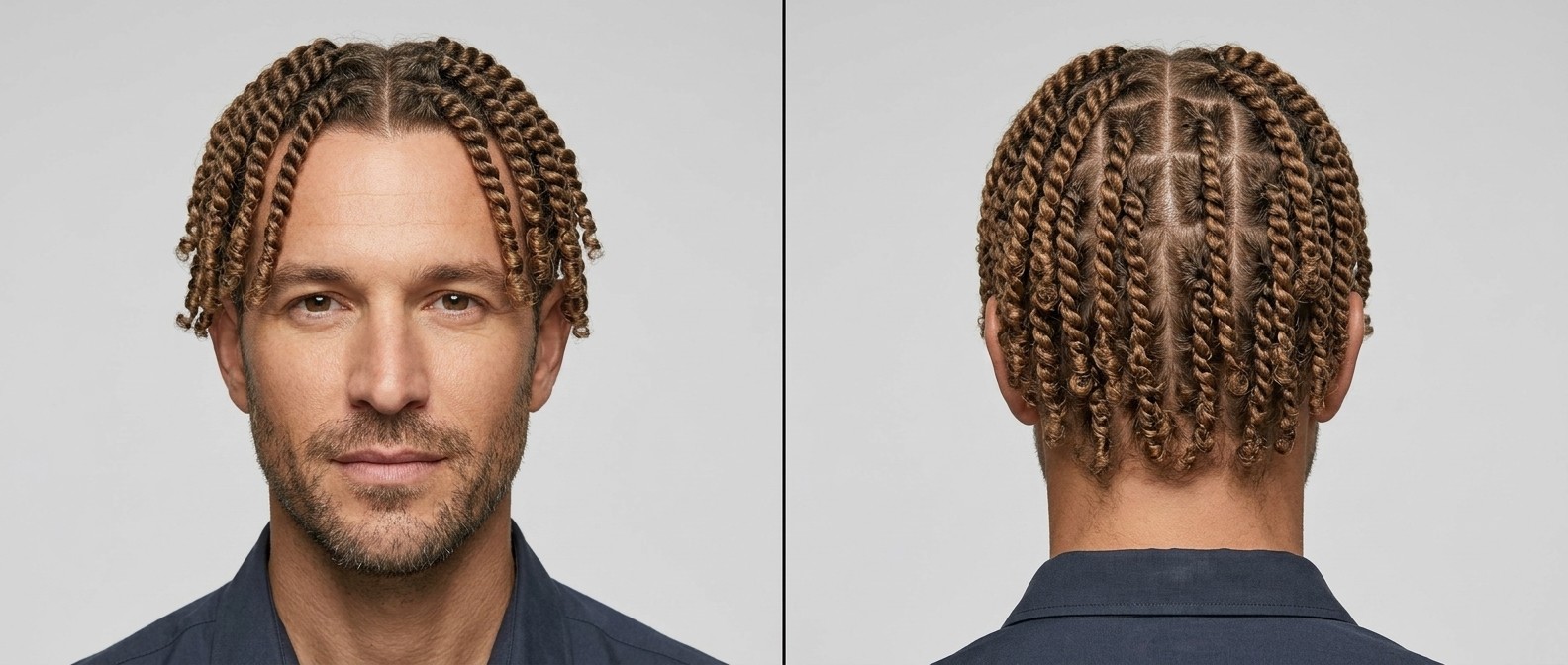 Vorder- und Rückansicht eines Mannes über 45 mit hellbraunen Typ 3 Locken, gestylt in präzisen Two-Strand Box Twists mit Mittelscheitel.