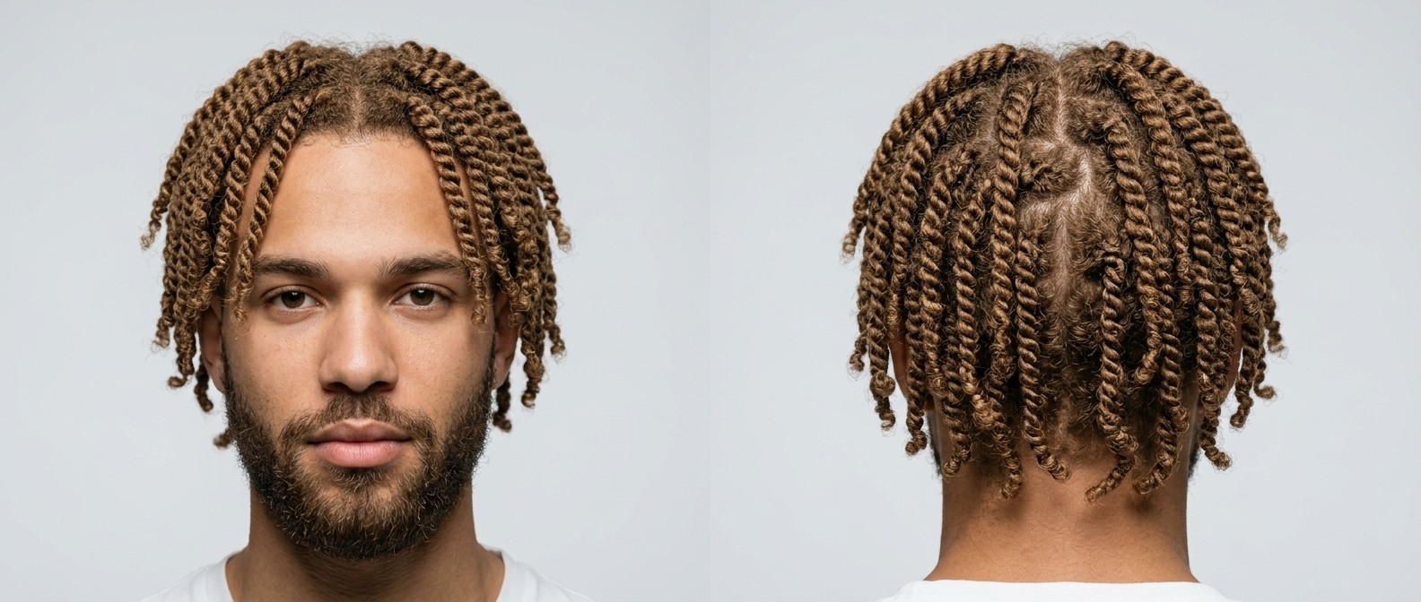 Junger Mann mit hellbraunem Typ-4-Haar in symmetrischen Two-Strand Twists mit Mittelscheitel und gepflegtem Bart.