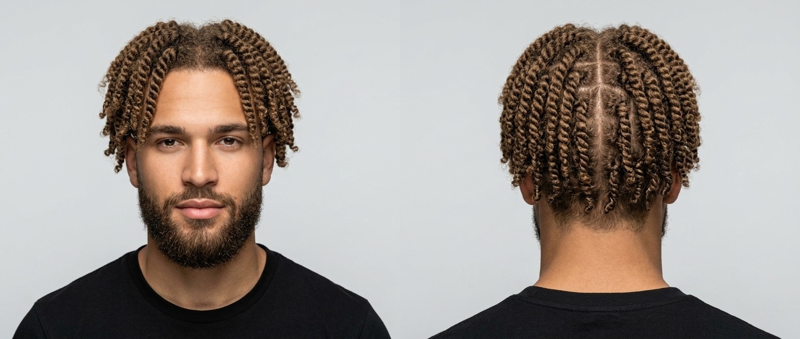 Mittellange, hellbraune Two-Strand-Twists mit Mittelscheitel und Box-Sections bei einem jungen Mann mit Vollbart.