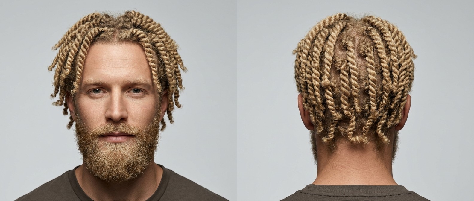 Blonder Mann (35-45) mit dichtem Bart und mittellangen Two-Strand Twists vor grauem Hintergrund.
