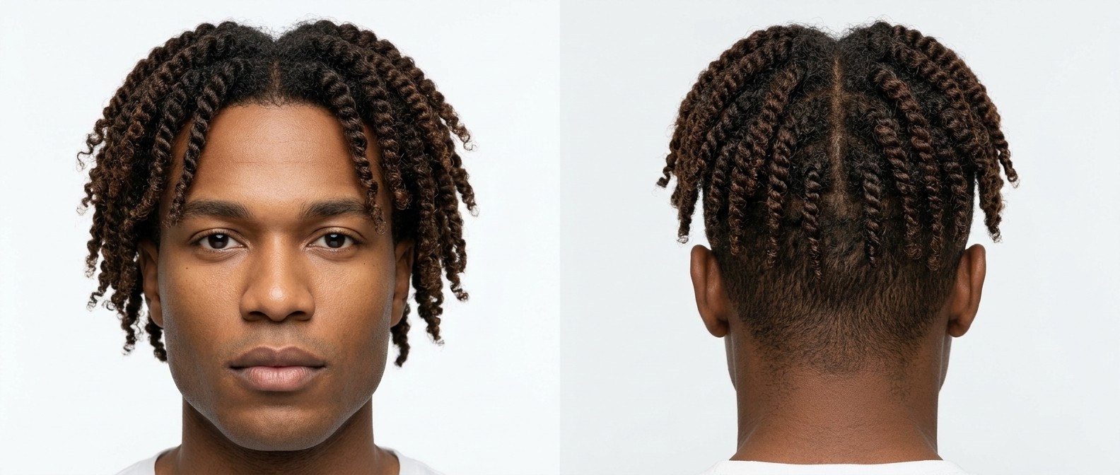 Widok z przodu i z tyłu na mężczyznę z kwadratową twarzą, noszącego brązowe skręty typu two-strand z przedziałkiem na środku i cieniowanym karkiem.