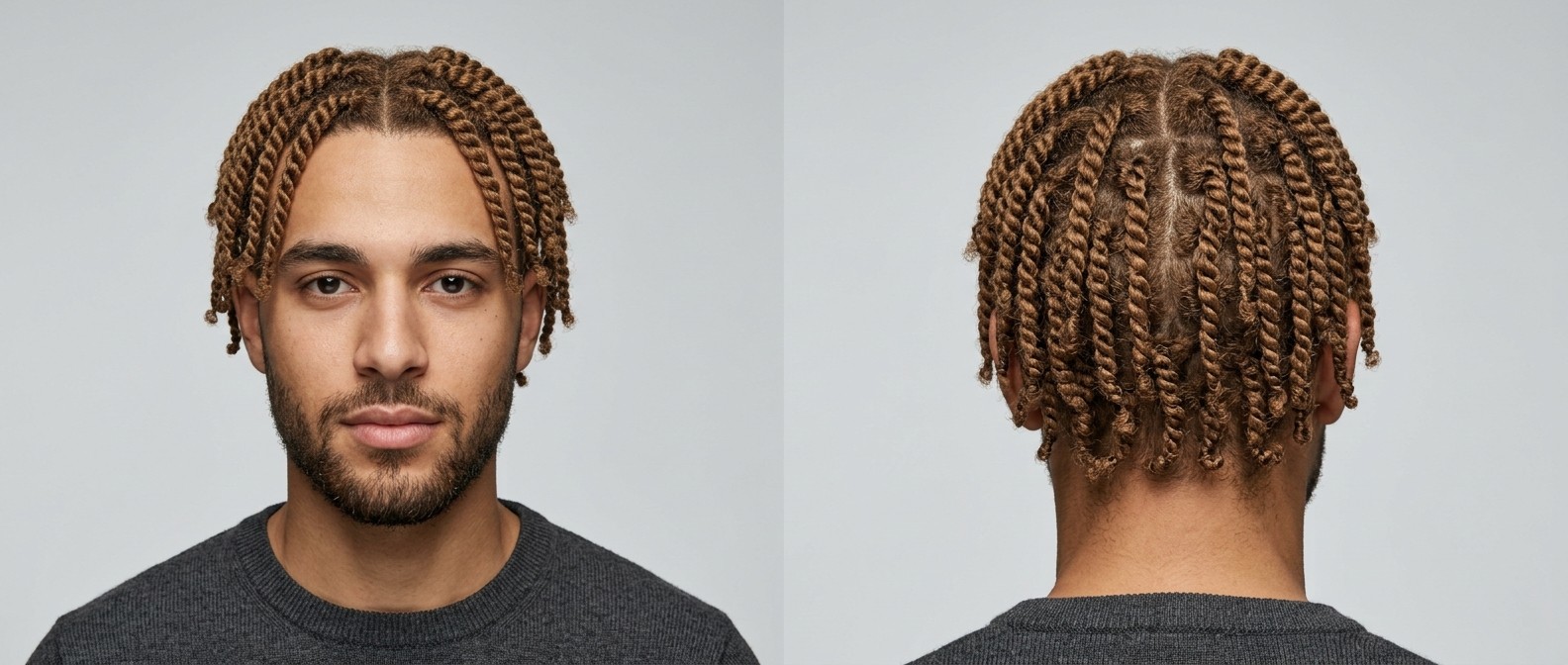 Young man with olive skin and a short beard modeling symmetrical middle-parted two-strand twists on light brown, Type 4 afro-textured hair.