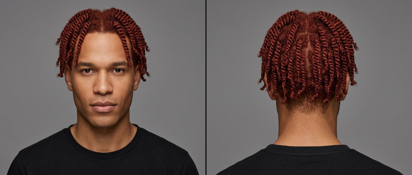 Front and back view of a man with medium skin and vibrant red, short two-strand twists with a sharp center part, showcasing Type 4 curly hair.
