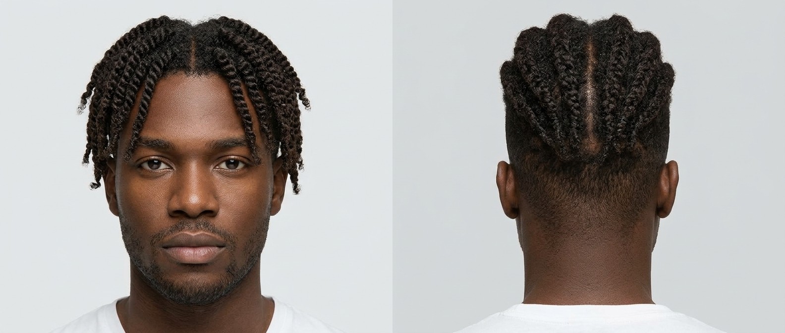 Młody czarnoskóry mężczyzna z przedziałkiem, flat twists i luźnymi splotami okalającymi twarz.