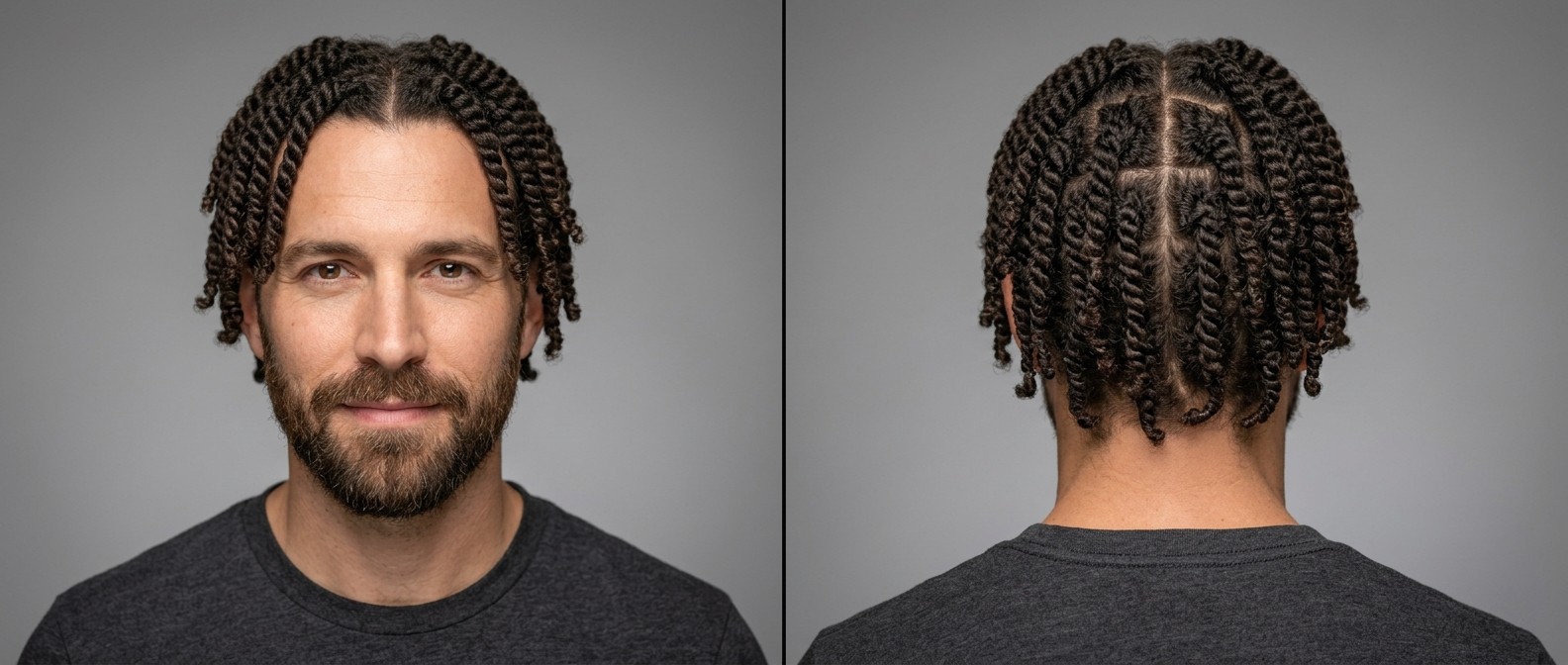 Front and back view of a man with a beard wearing structured two-strand twists featuring sharp geometric box sectioning and a clean center part.