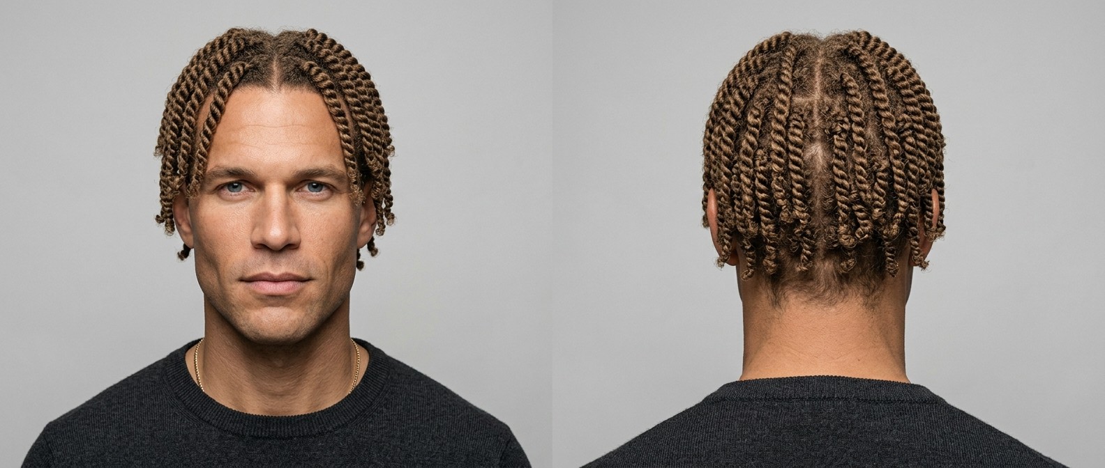 Front and back view of a Caucasian man with a square face wearing medium-length, light brown two-strand twists with a precise center part.