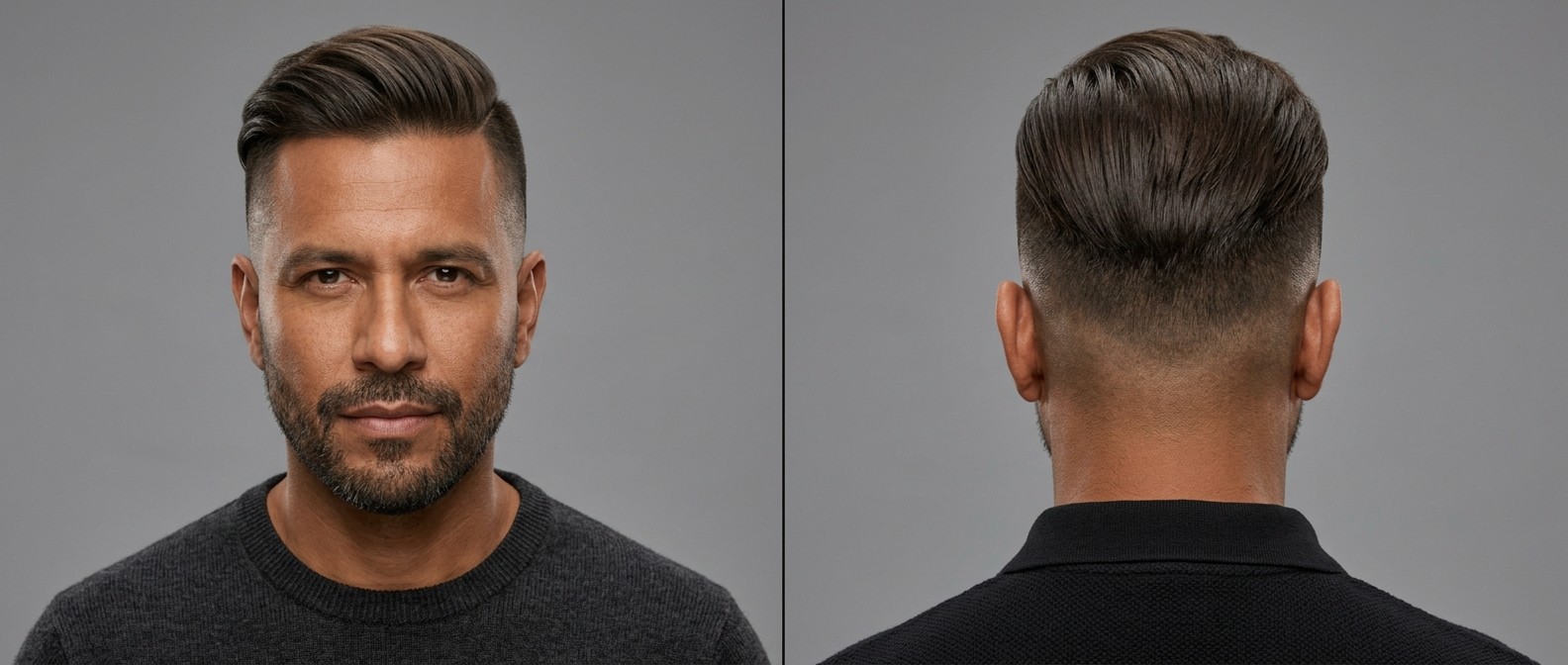 Profil dojrzałego mężczyzny z fryzurą undercut, wysokim cieniowaniem i zaczesanymi do tyłu, teksturowanymi włosami oraz krótką brodą.