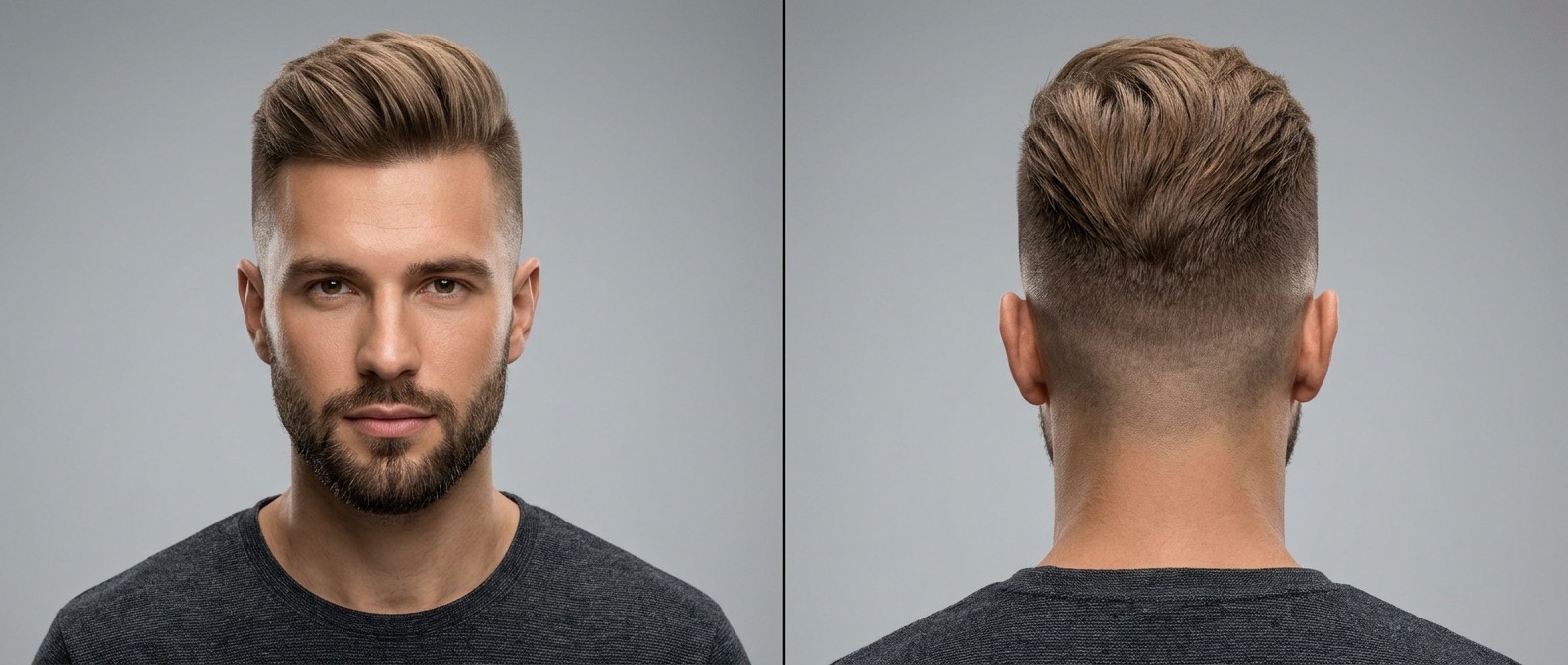 Young man with medium skin and a short beard modeling a textured swept-back undercut with a high skin fade and thick light brown hair.