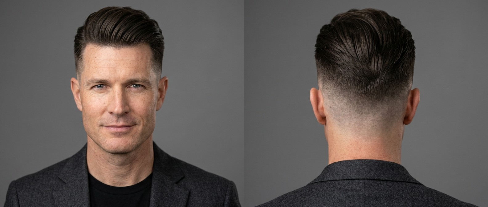 Homme mature avec un undercut fade coiffé en arrière, volume sur le dessus et côtés courts pour un look professionnel.