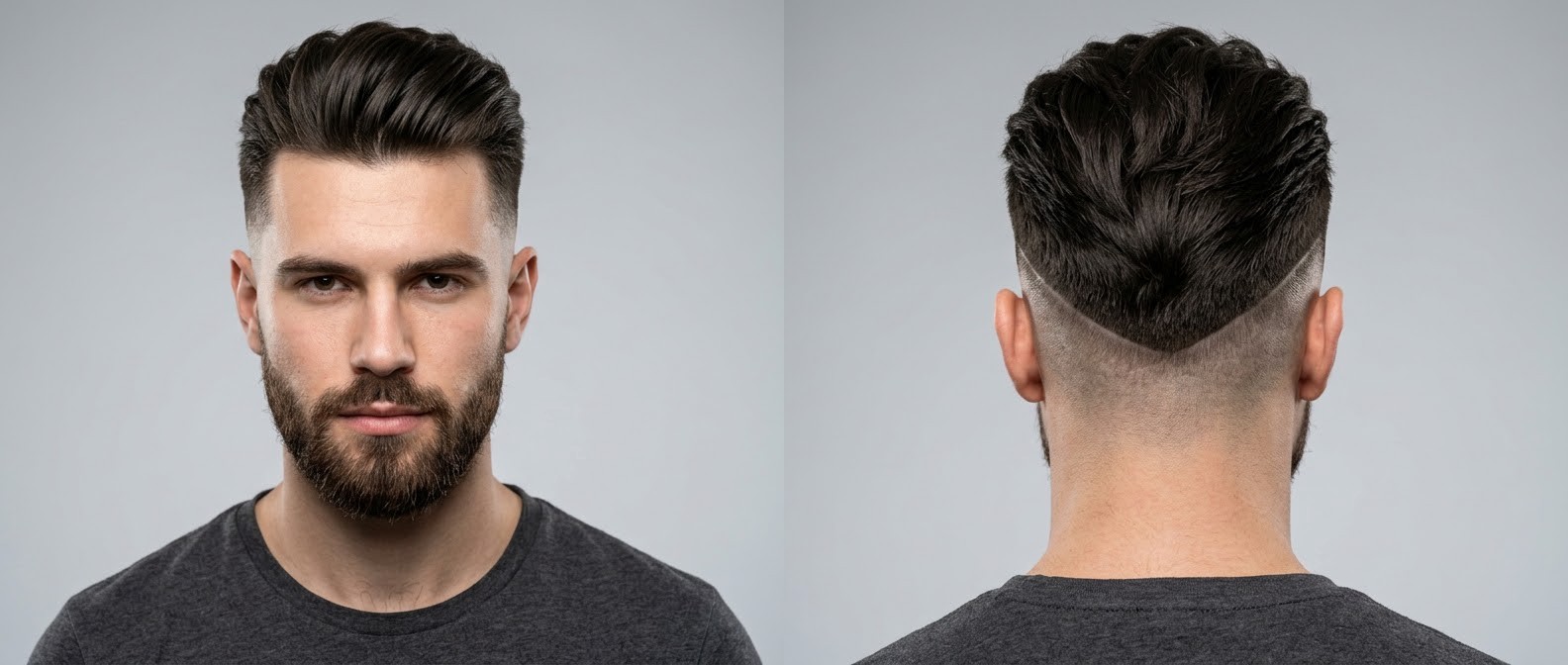 Front and back view of a Caucasian man with a voluminous swept-back undercut, featuring a sharp V-shaped skin drop fade and a groomed beard.