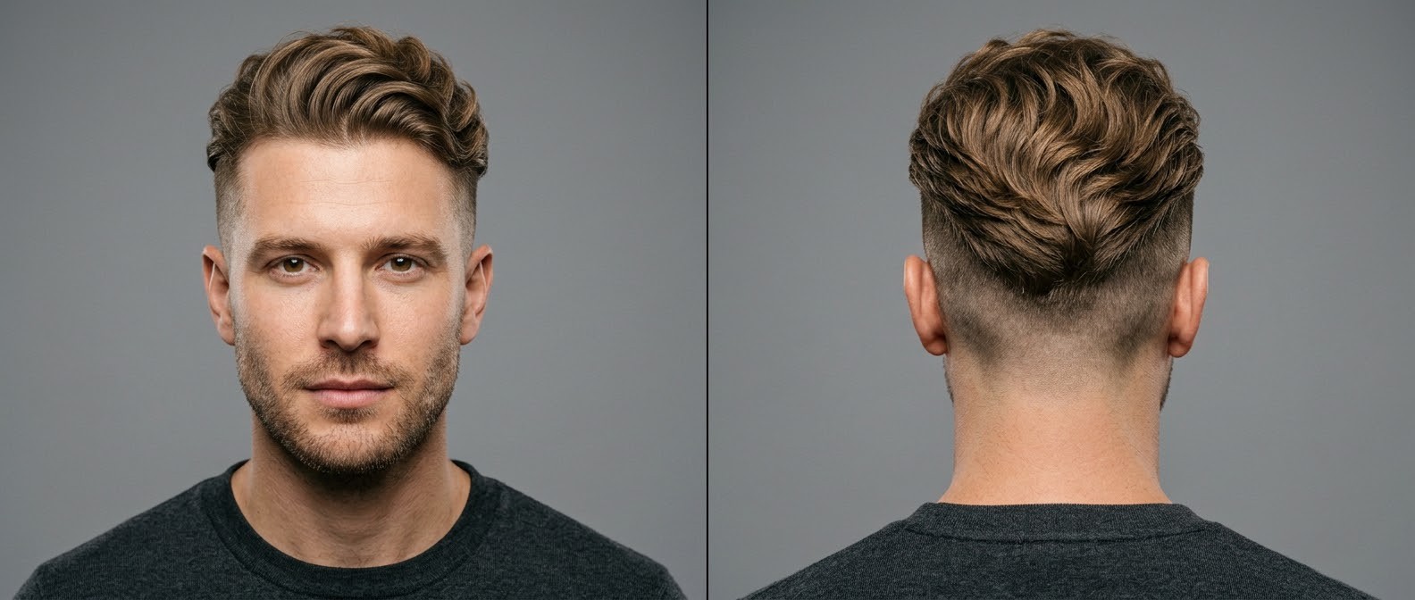 Vorder- und Rückansicht eines Mannes mit welligem Swept-Back Undercut, langem Deckhaar und rasierten Seiten.